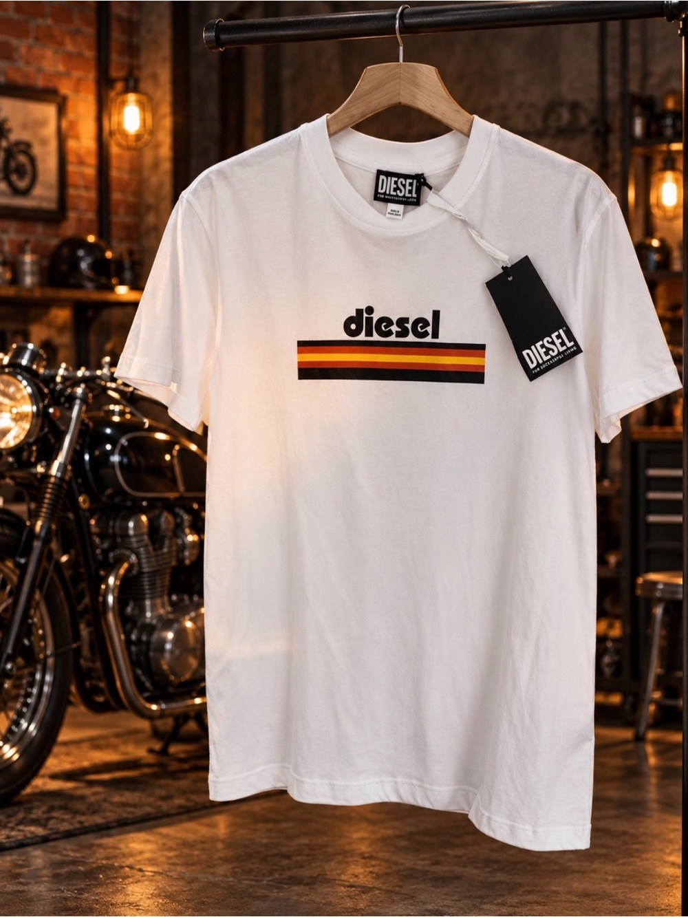 Diesel White Tee with Retro Black, Orange & Yellow Stripes Sz XL - New